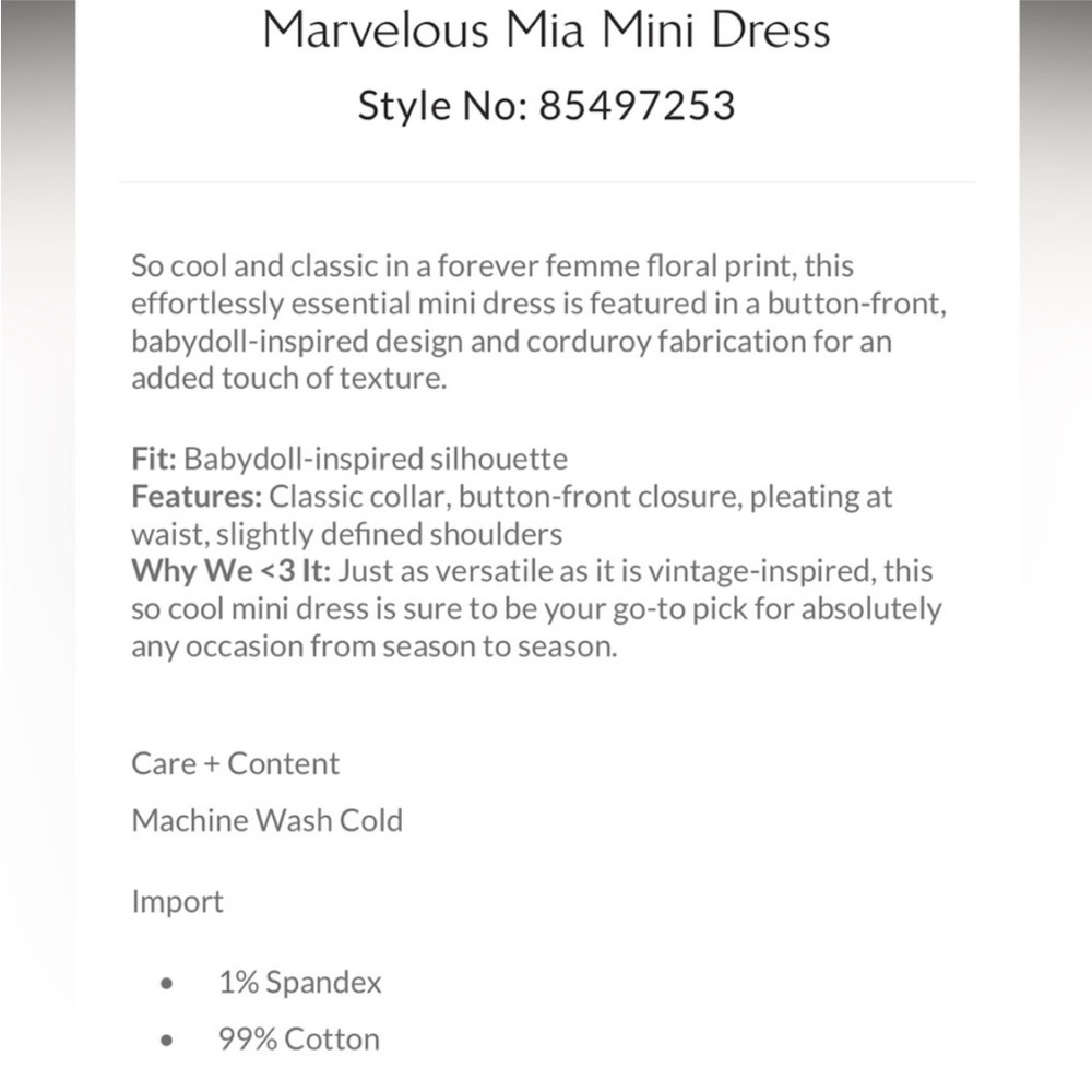 Free People marvelous mini Mia soft & flattering corduroy dress sz 10 NWT - Picture 4 of 4